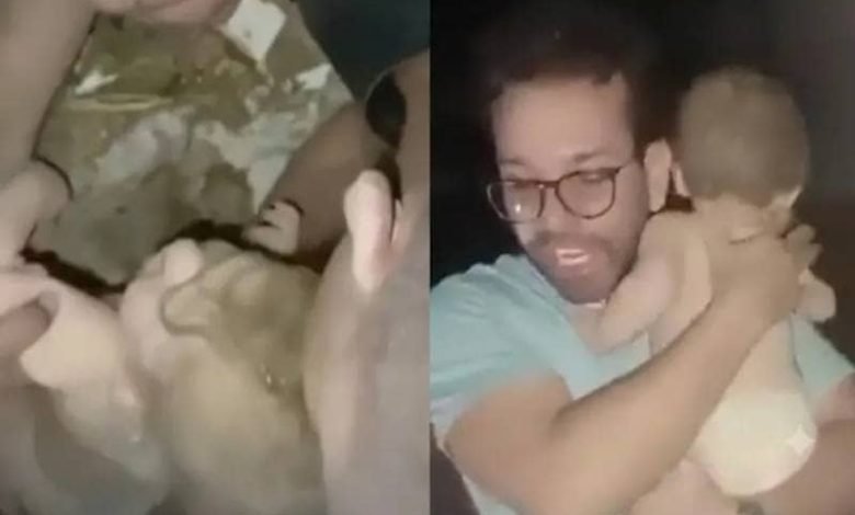 Momento em que criança é encontrada entre os escombros